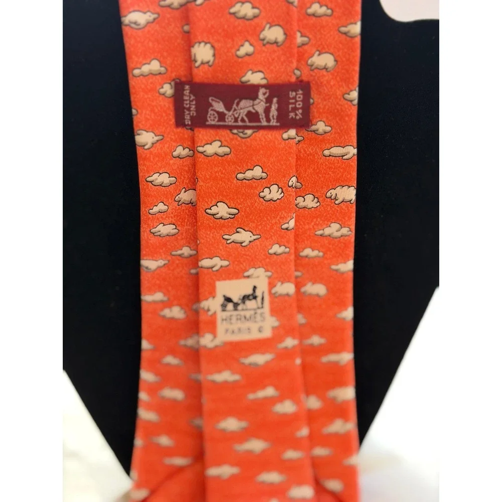 Hermes Silk Tie Mens OS Orange Pristine Cloud Rabbit Pattern
